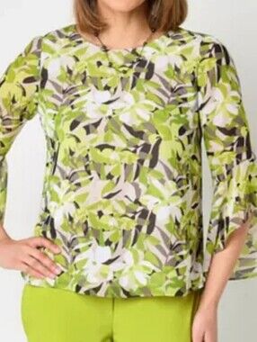 Black Label By Evan-Picone Green Floral Bell-Sleeve Blouse - Size Large